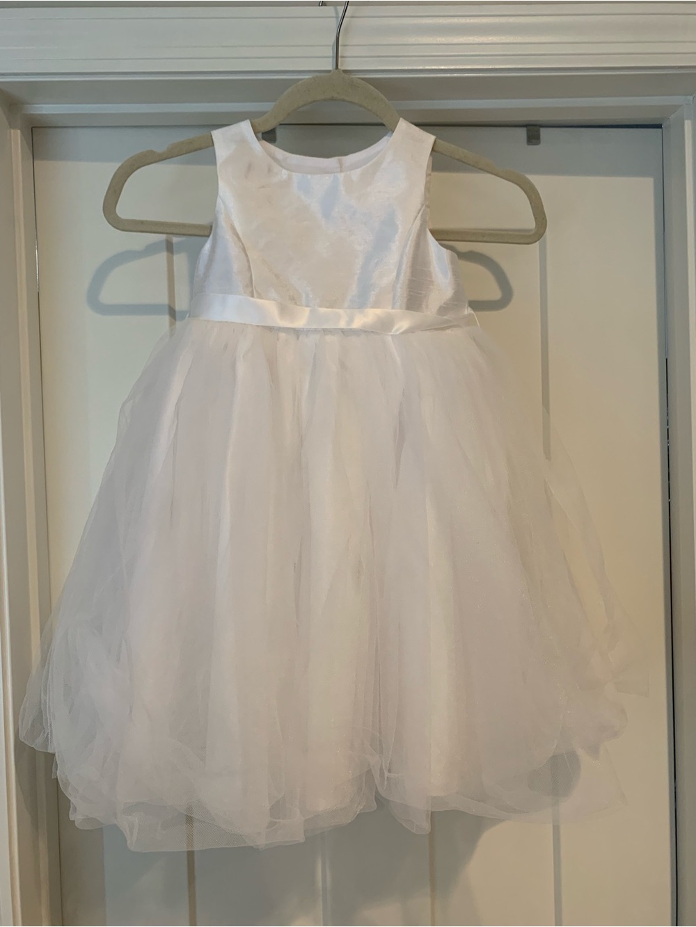 David's Bridal White Satin and Tulle Flower Girl Dress